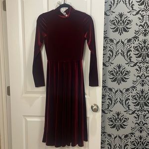 Burgundy high neck, long sleeve velvet-like midi dress